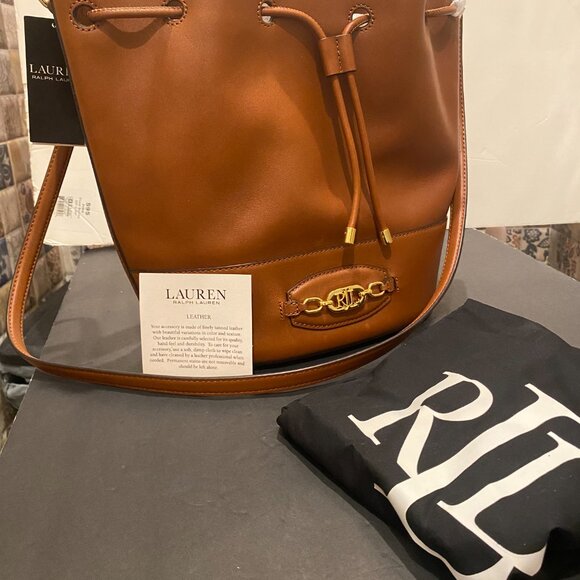 Women's Ralph Lauren Tan Brown Large Andie Leather Drawstring Shoulder Gift Bag - Picture 9 of 13